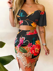 Constance Off Shoulder Twist Crop Top & Split High Waist Mini Skirt Set