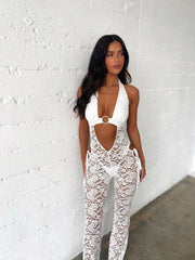 Amina Sexy See Through Floral Lace Jumpsuit