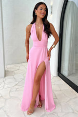 Dava V Neck Halter Strap Backless Slit Dress