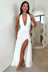 Dava V Neck Halter Strap Backless Slit Dress