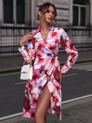 Palomina Floral Print Collared Neck  Slit Dress