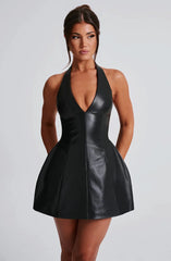 Glaphyra Summer V-Neck Leather Mini Dress