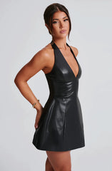 Glaphyra Summer V-Neck Leather Mini Dress