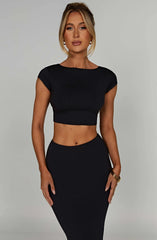 Meralda Short Sleeve Backless Crop Top & Maxi Skirt Set