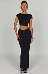 Meralda Short Sleeve Backless Crop Top & Maxi Skirt Set