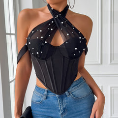 Arona Pearl Mesh Rhombus Corset Top