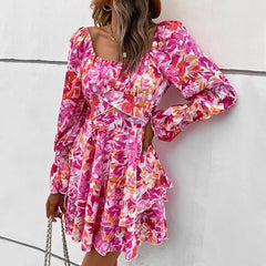 Cameron Autumn Square Collar Printed Ruffle Sleeve Dress