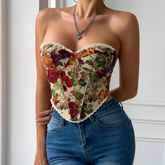 Phoibe Retro Floral French Lace-Up Corset Top