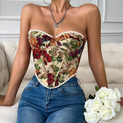 Phoibe Retro Floral French Lace-Up Corset Top