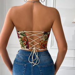 Phoibe Retro Floral French Lace-Up Corset Top