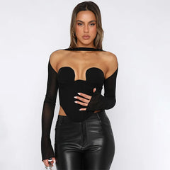 Elbertina See Through Mesh Long Sleeve Black Top