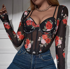 Edelmira Rose Printed Mesh See Through Sexy Crop Top