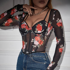 Edelmira Rose Printed Mesh See Through Sexy Crop Top