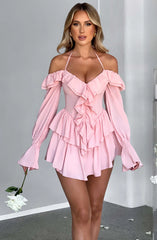 Simone Halter Low Cut Ruffled Long Sleeve Romper