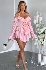 Simone Halter Low Cut Ruffled Long Sleeve Romper