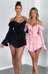 Simone Halter Low Cut Ruffled Long Sleeve Romper