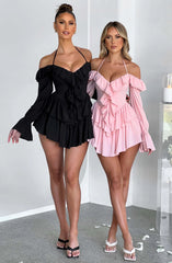 Simone Halter Low Cut Ruffled Long Sleeve Romper