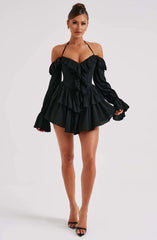 Simone Halter Low Cut Ruffled Long Sleeve Romper