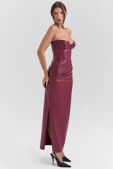 Wine Red Strapless Sexy Leather Maxi Dress