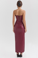 Wine Red Strapless Sexy Leather Maxi Dress