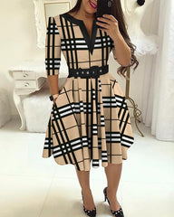 Gabby Plaid Print Notch Neck Casual Dress With Belt