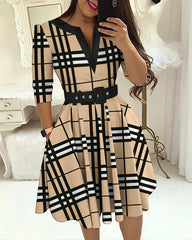 Gabby Plaid Print Notch Neck Casual Dress With Belt