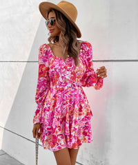 Cameron Autumn Square Collar Printed Ruffle Sleeve Dress