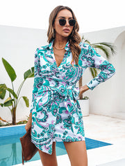 Rayne New Vintage Print Lace-up Waist Shirt Dress